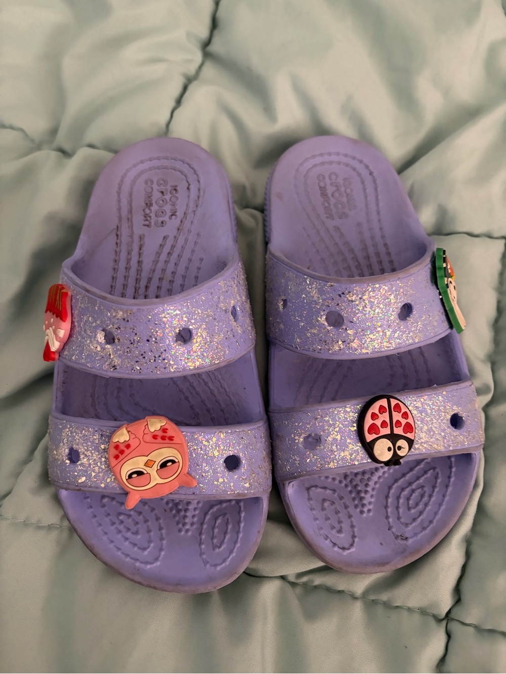 CROCS Kids Purple Glitter Double-Strap Slide Sandals with Character Charms